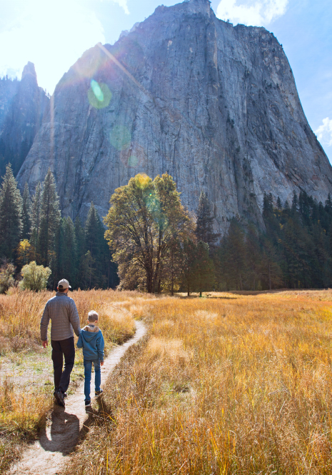 Golden State HealthPlans: Father and Son walking on trail in Yosemite National Park.